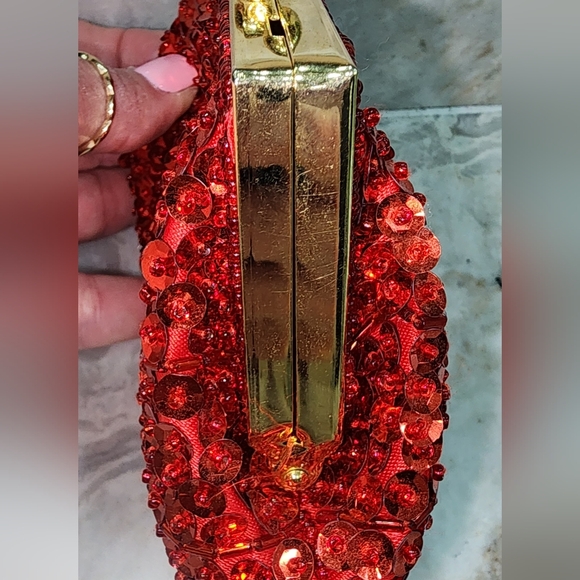 Macy's Red Gold Sequin Evening Clutch Purse Handmade Vintage - Picture 3 of 10